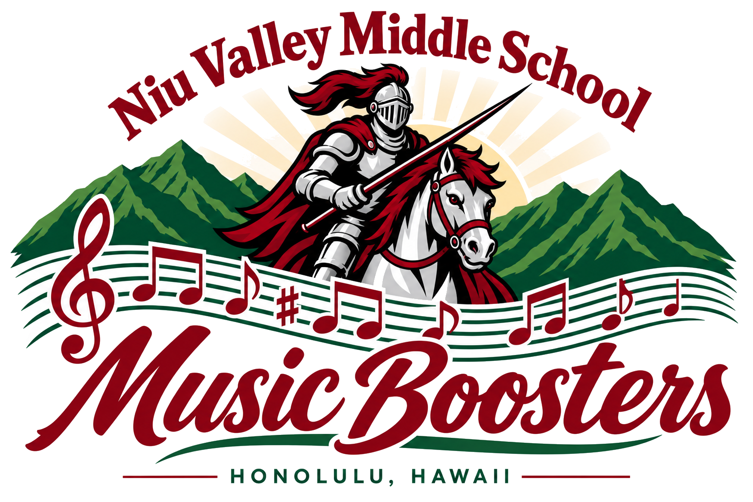 Niu Valley Middle School Music Boosters logo featuring a lancer, mountains, and musical notation