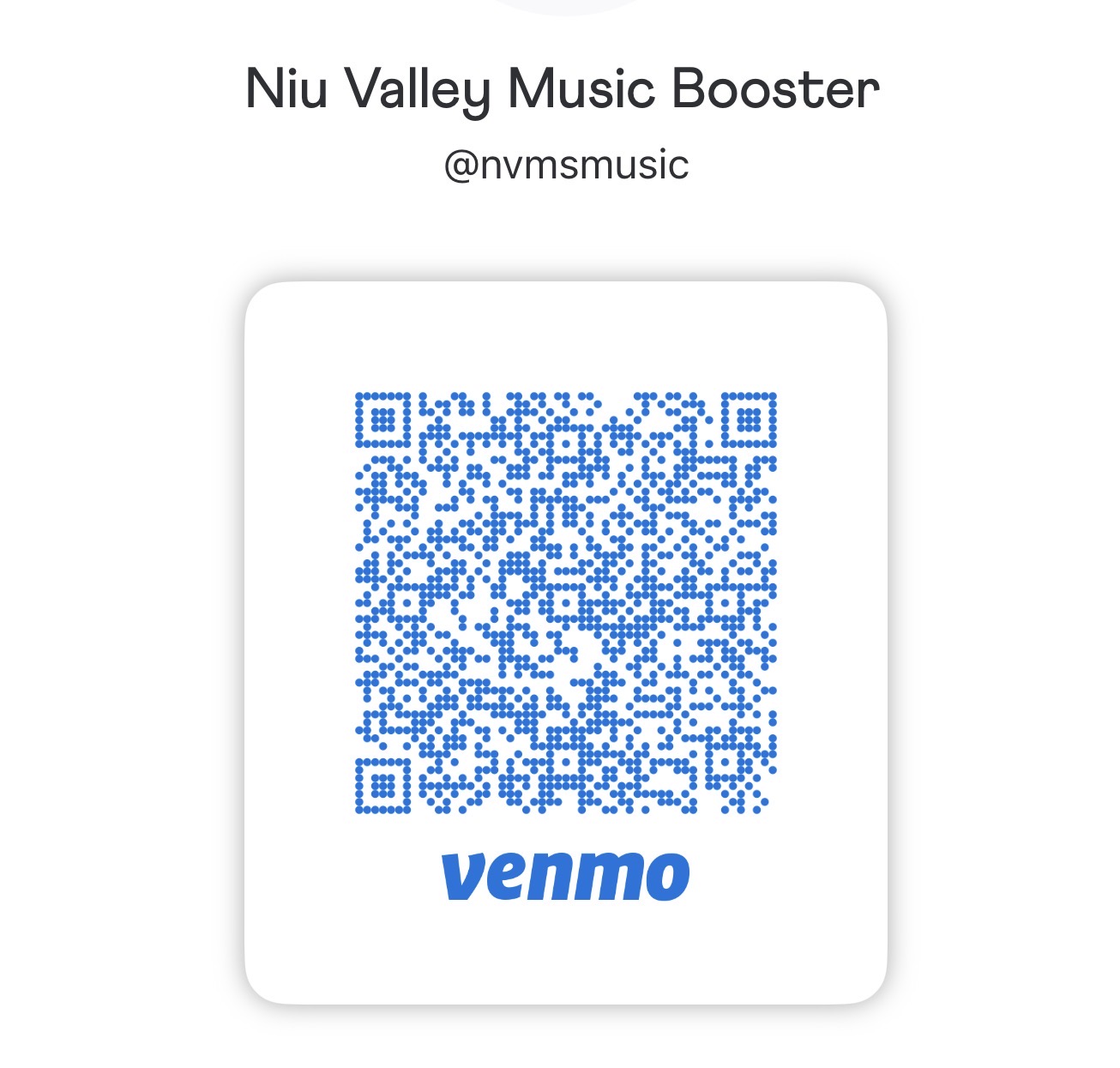 Black-and-white Venmo QR code for Niu Valley Music Boosters at @nvmsmusic